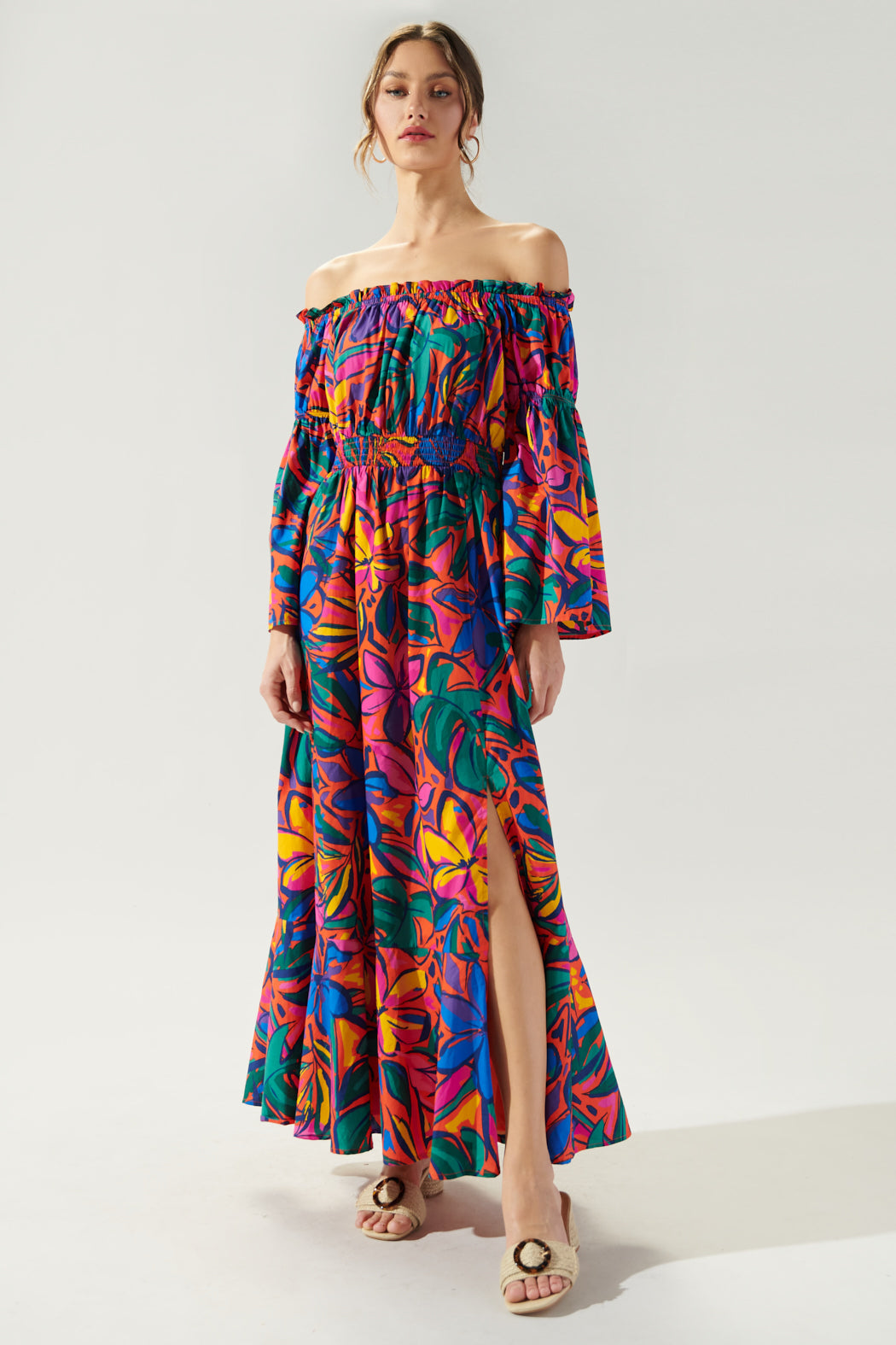 Rainbow Tropics Off the Shoulder Bell Sleeve Midi Dress Sugarlips Rainbow Tropics Off the Shoulder Bell Sleeve Midi Dress Sugarlips