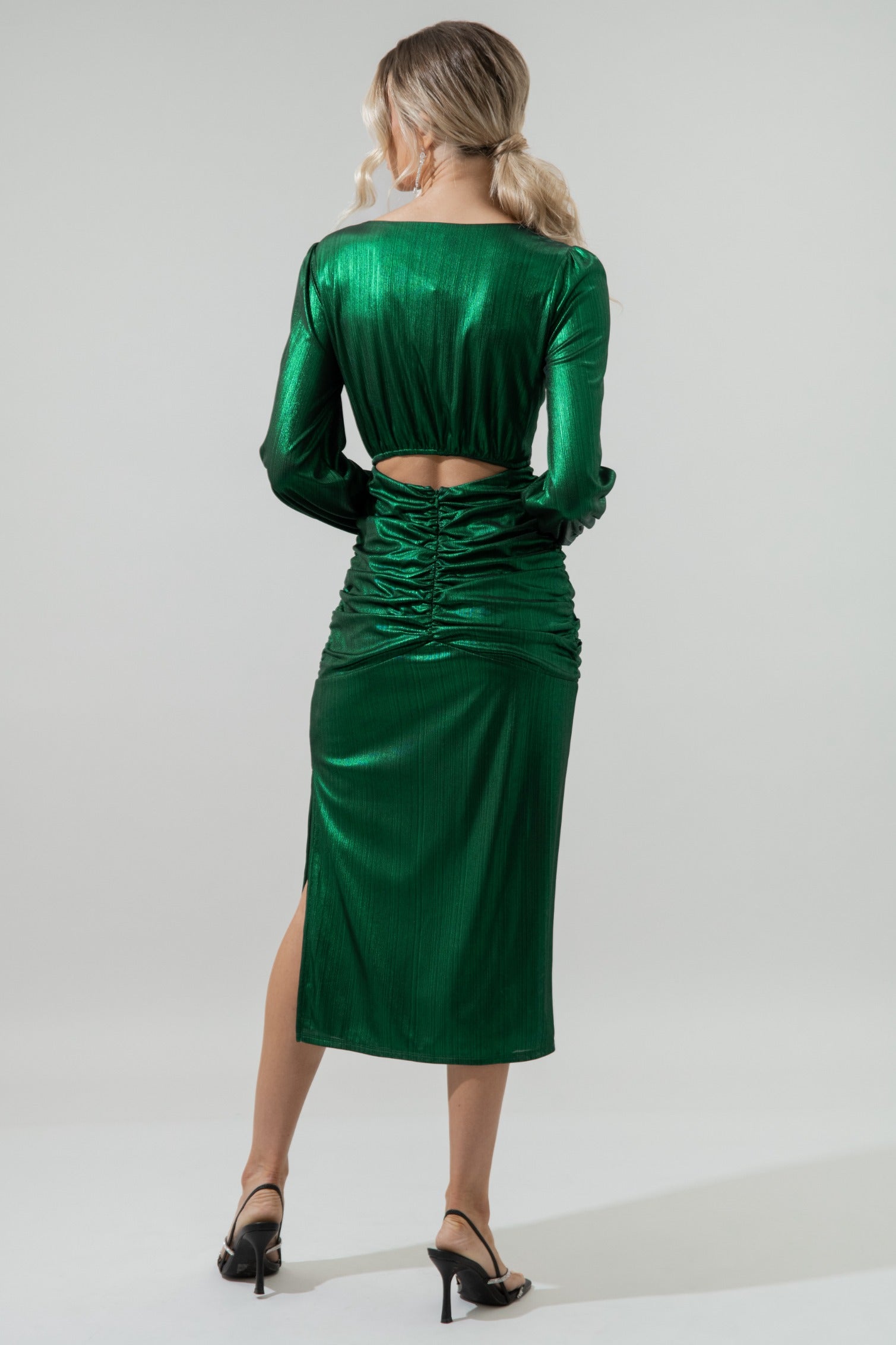 Cannes Liquid Satin Ruched Cut Out Midi Dress GREEN / XS