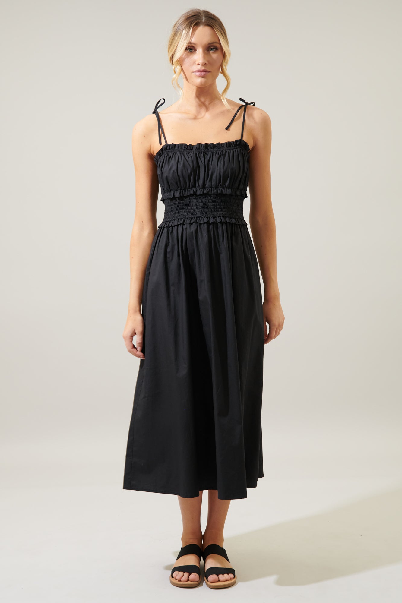 Orion Smocked Waist Tie Strap Poplin Midi Dress