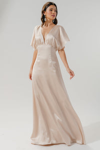 Darling Flutter Sleeve Cut Out Satin Maxi Dress