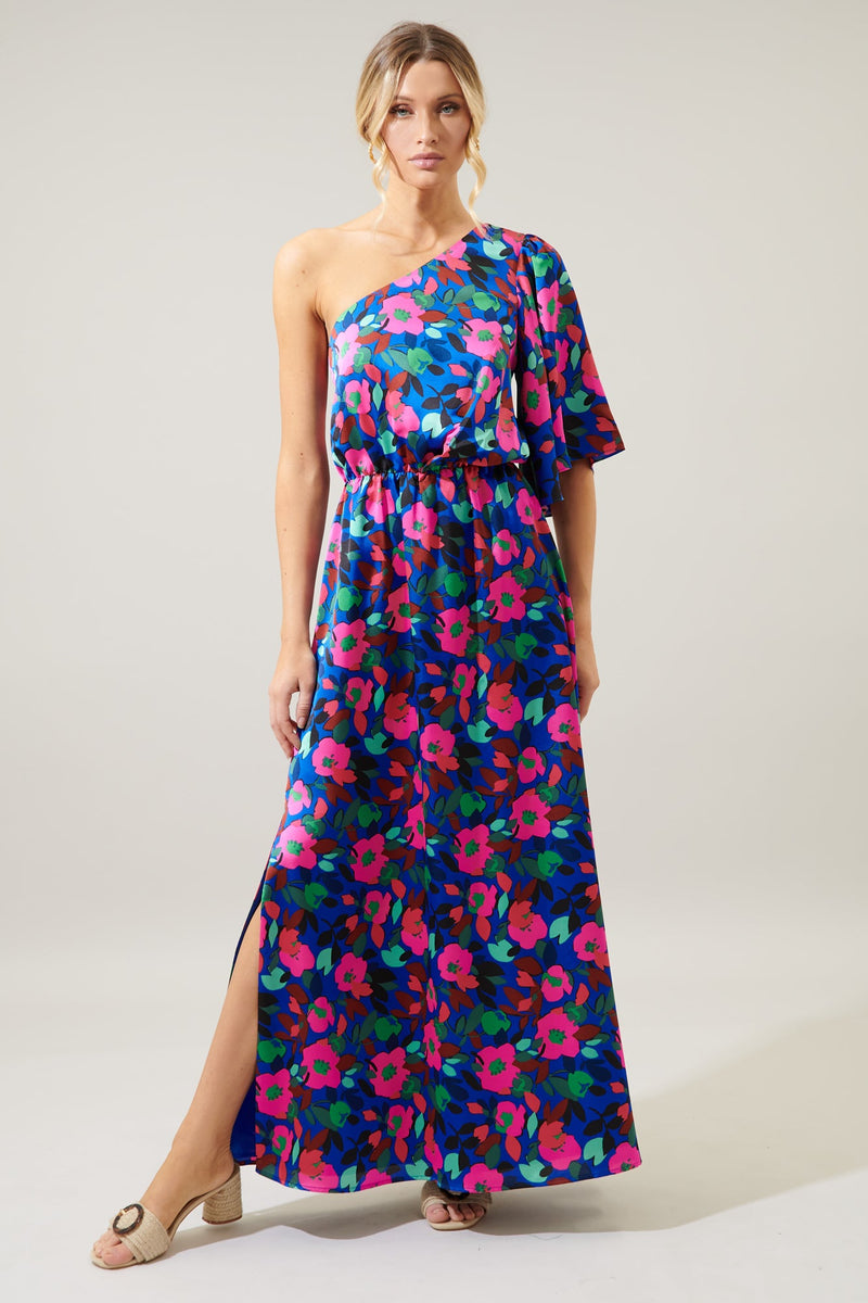 Vivi Berry Floral Meara One Shoulder Satin Maxi Dress – Sugarlips