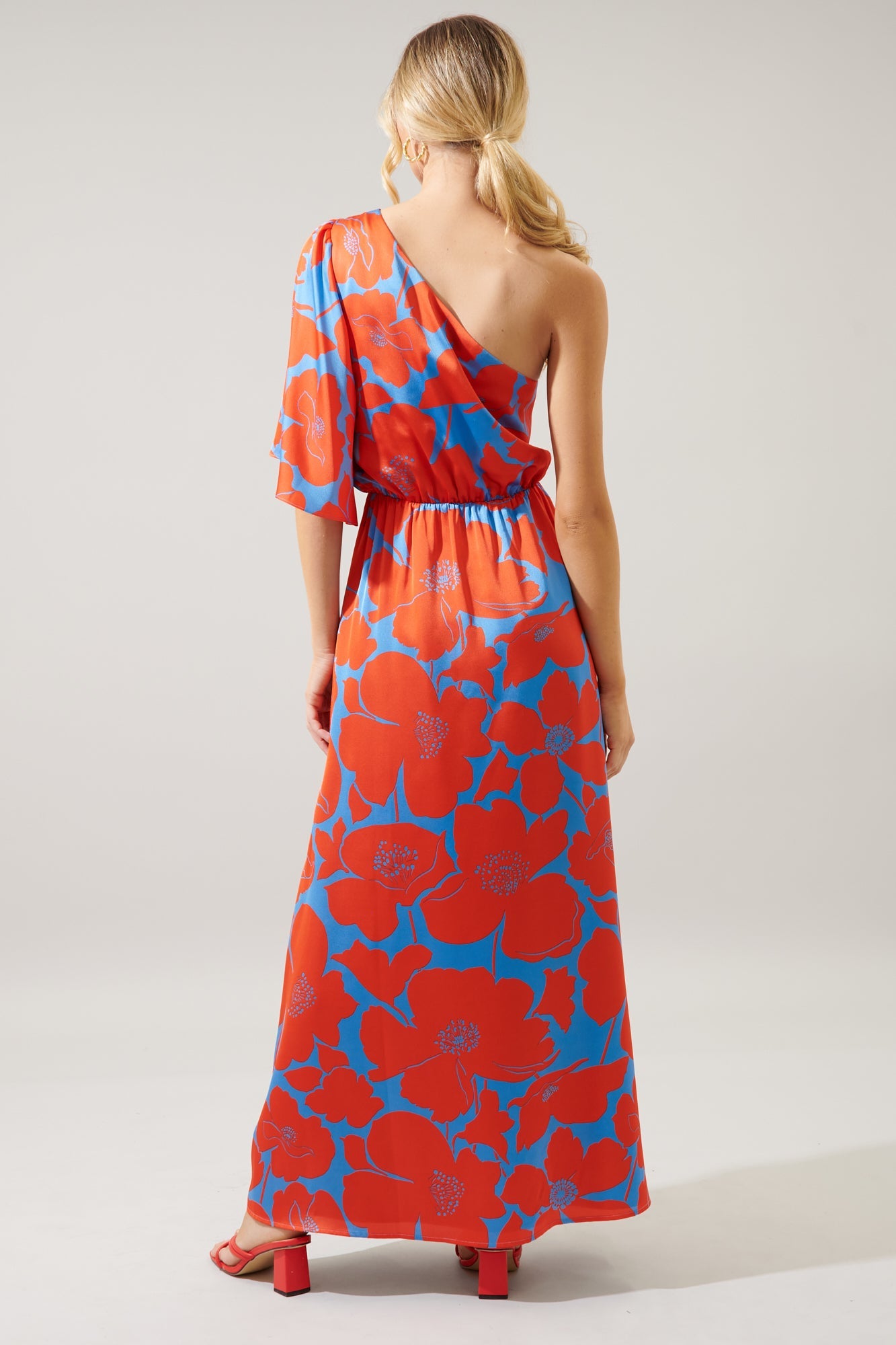 Poppy Floral Meara One Shoulder Satin Maxi Dress BLUE-RED / XL by Sugarlips Poppy Floral Meara One Shoulder Satin Maxi Dress BLUE-RED / XL by Sugarlips