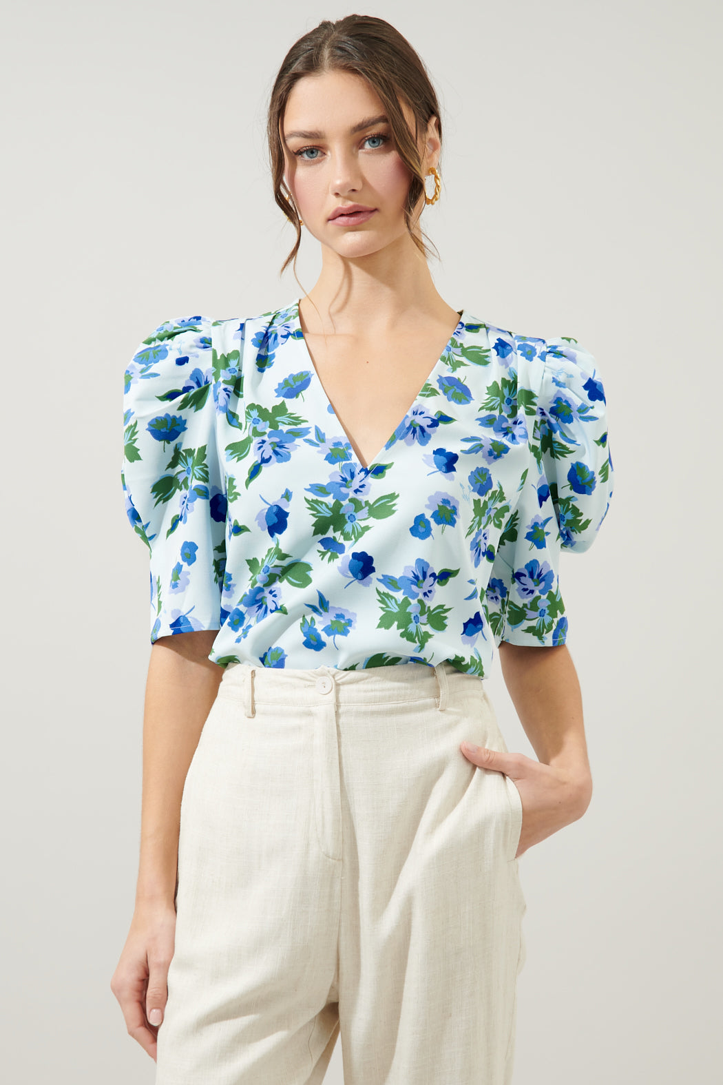 Magnolis Floral Change of Heart Puff Sleeve Blouse BLUE-GREEN-FLORAL / S by Sugarlips