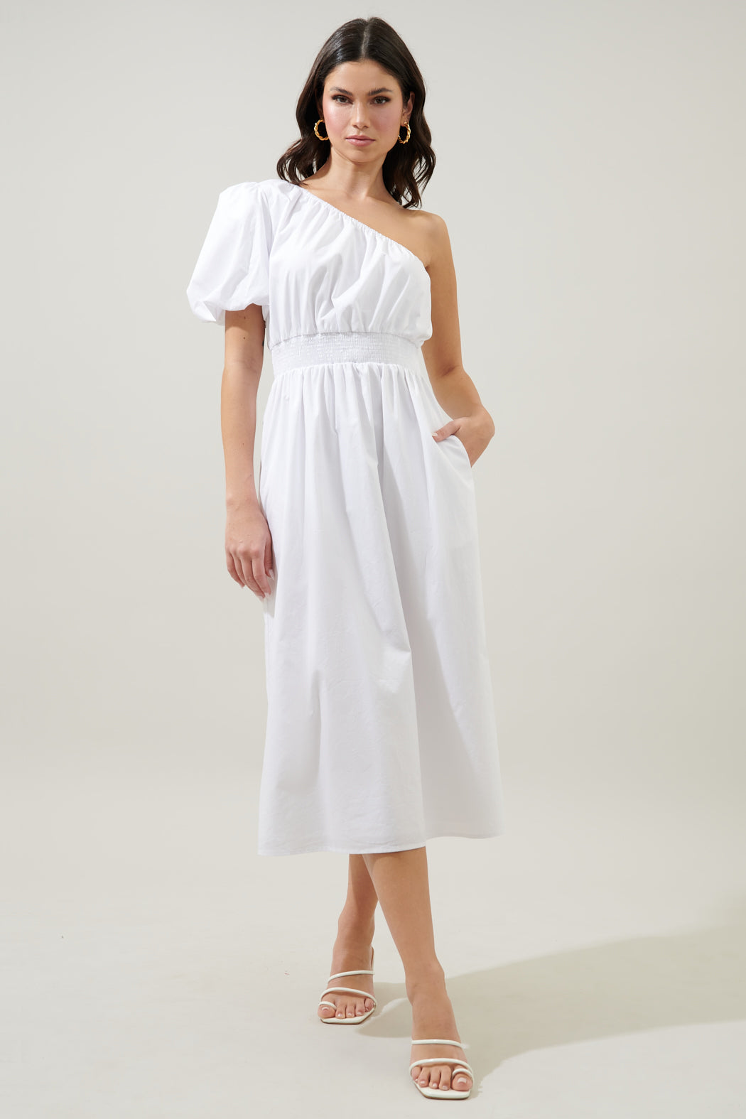 one shoulder poplin dress Sienna One-Shoulder Shirred Dress