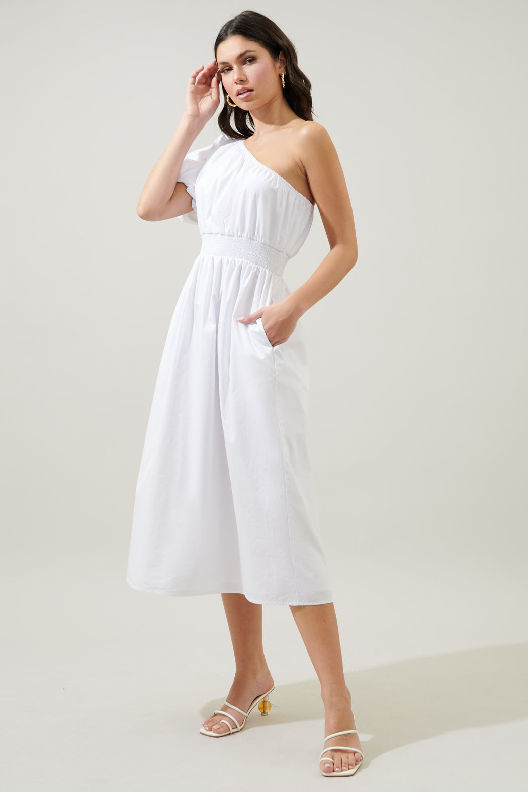 Bridgette One Shoulder Balloon Sleeve Poplin Midi Dress Bridgette One Shoulder Balloon Sleeve Poplin Midi Dress