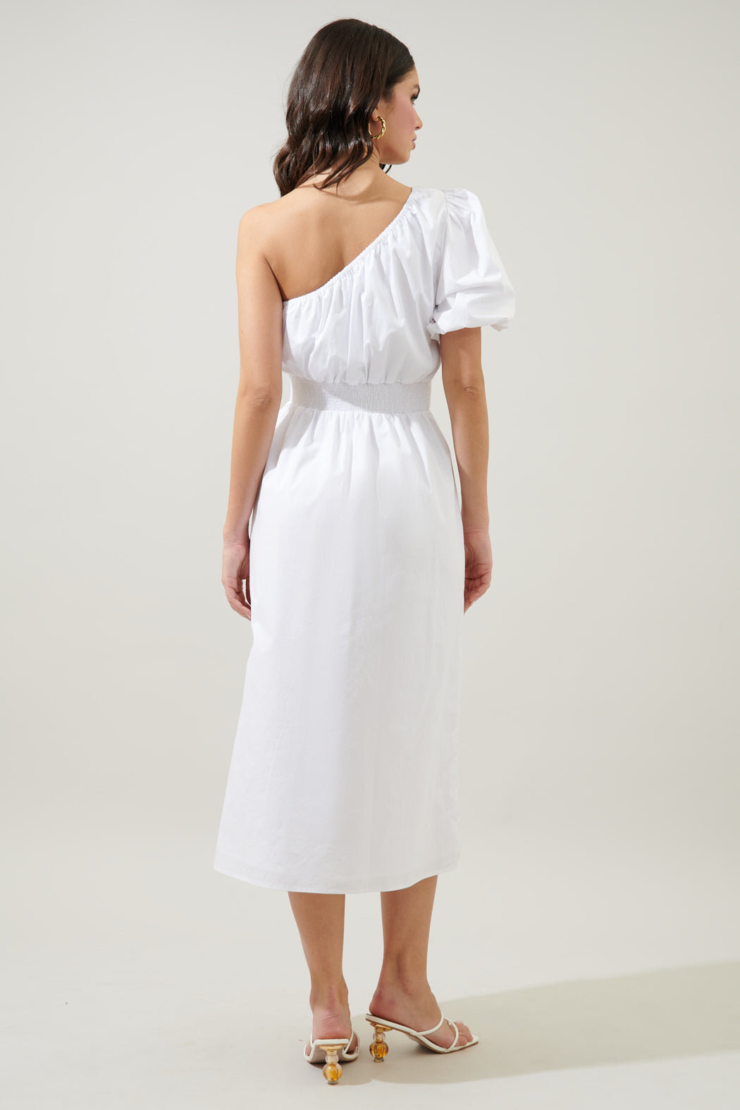 one shoulder balloon sleeve midi dress Bridgette One Shoulder Balloon Sleeve Poplin Midi Dress