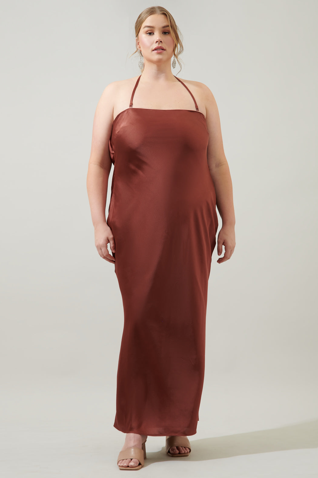 Infinite Strapless Open Back Satin Convertible Maxi Dress Curve TAUPE / 3X by Sugarlips Infinite Strapless Open Back Satin Convertible Maxi Dress Curve TAUPE / 3X by Sugarlips