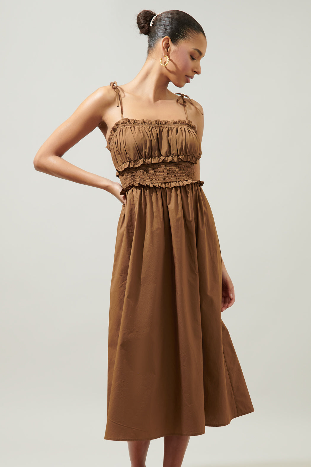 Orion Smocked Waist Tie Strap Poplin Midi Dress BROWN / S by Sugarlips Orion Smocked Waist Tie Strap Poplin Midi Dress BROWN / S by Sugarlips