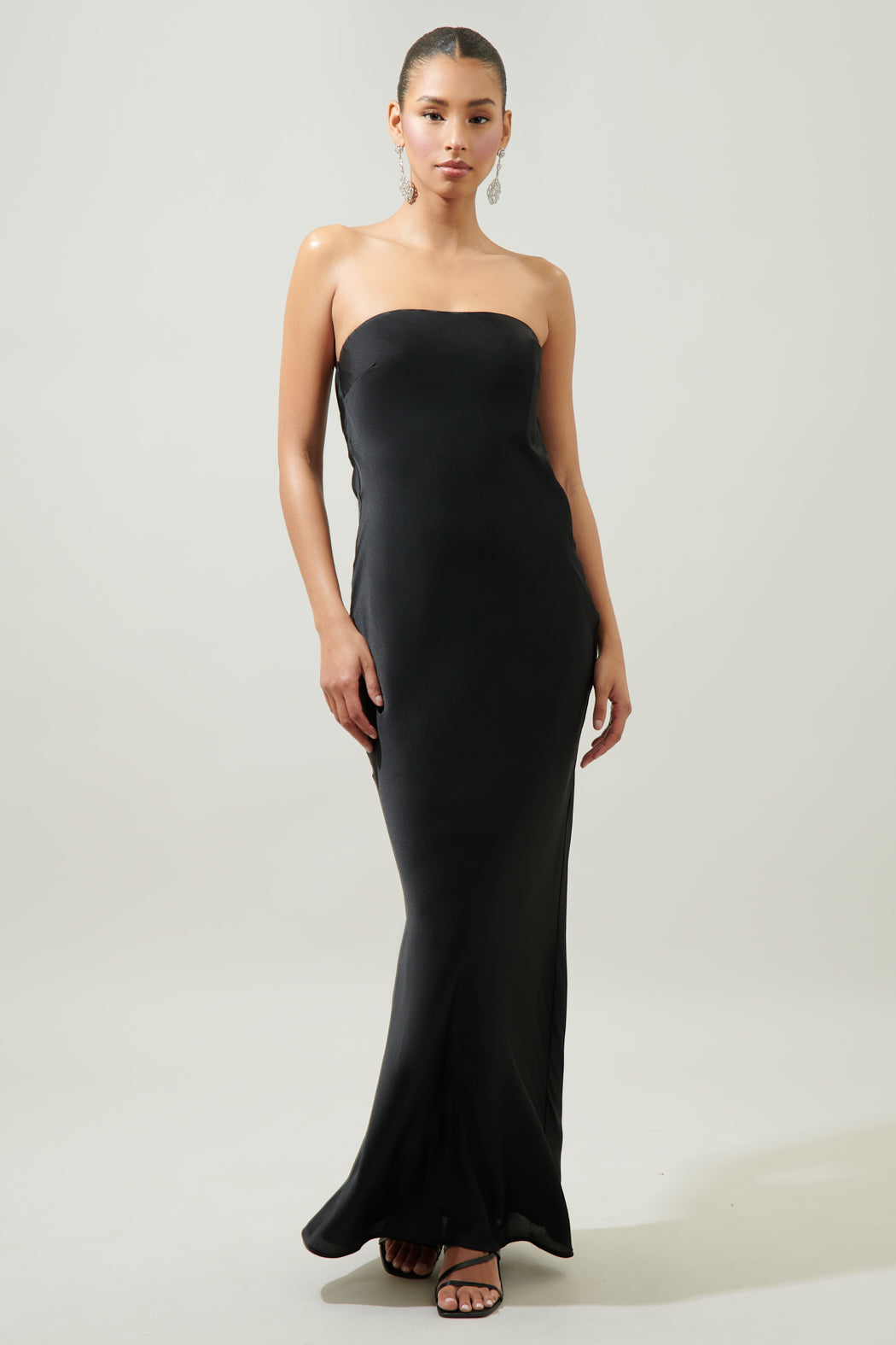 Angelique Satin Strapless Fold Over Maxi Dress in Black