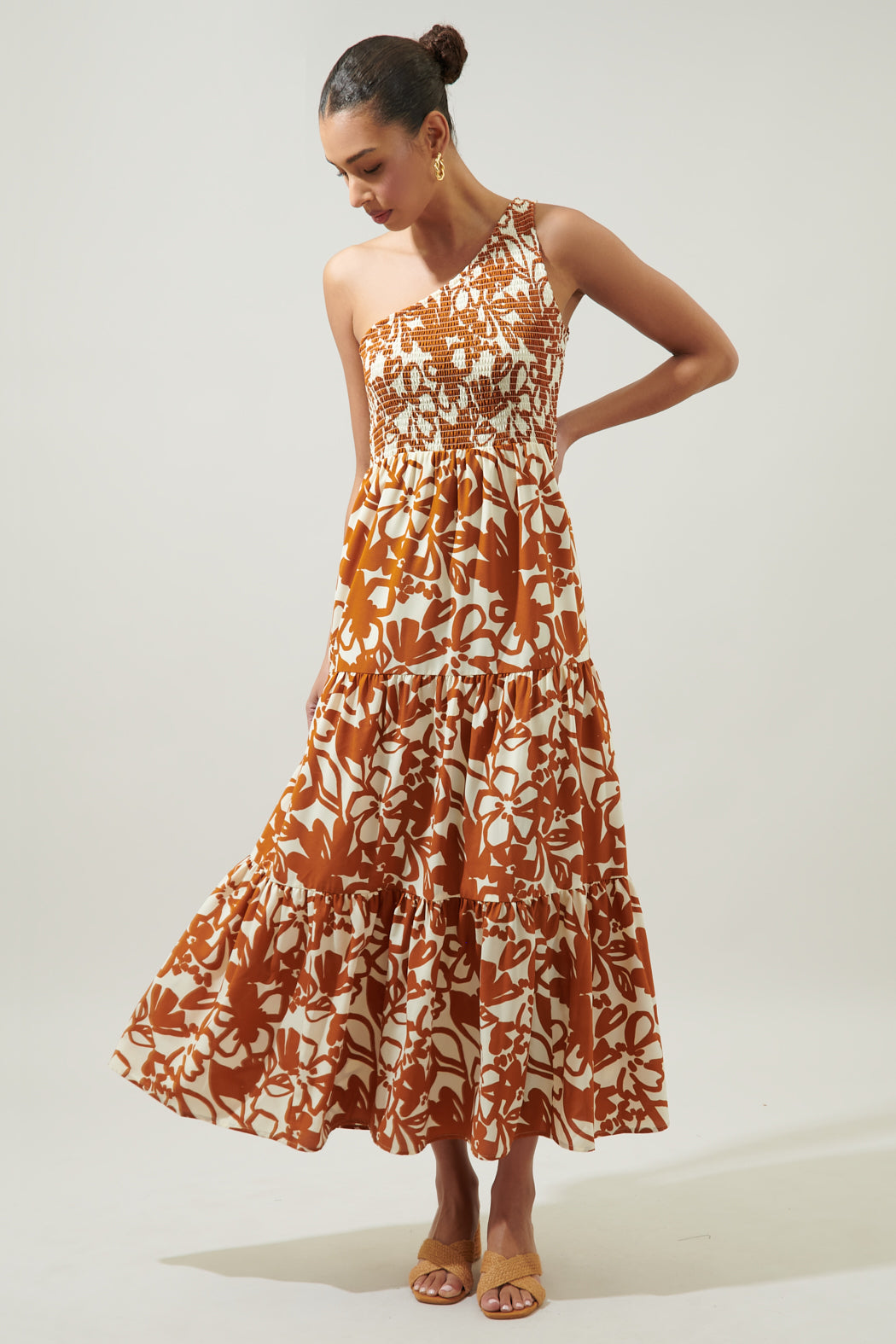 Marida Caramel Floral Smocked One Shoulder Lys Maxi Dress Sugarlips Marida Caramel Floral Smocked One Shoulder Lys Maxi Dress Sugarlips