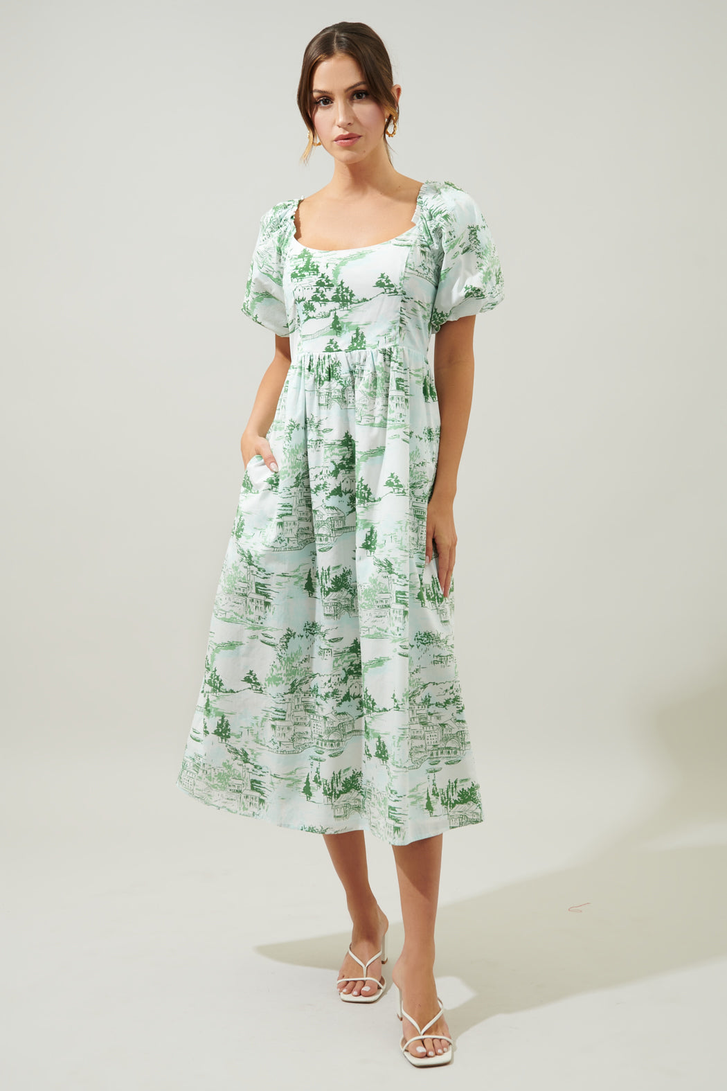 Francine Toile Lullaby Puff Sleeve Midi Dress GREEN-BLUE-WHITE / S