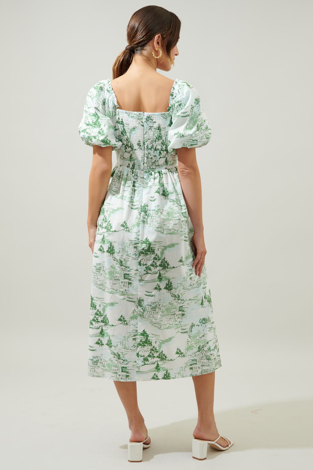Francine Toile Lullaby Puff Sleeve Midi Dress GREEN-BLUE-WHITE / S by Sugarlips Francine Toile Lullaby Puff Sleeve Midi Dress GREEN-BLUE-WHITE / S by Sugarlips