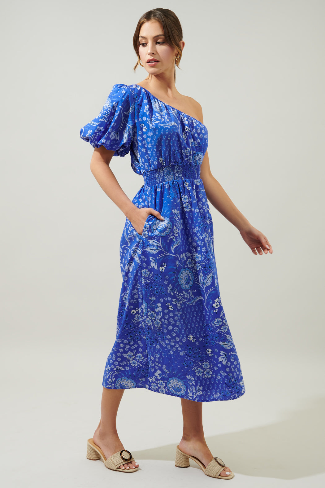 Amaya Mixed Print Bridgette One Shoulder Midi Dress COBALT-MULTI / XL