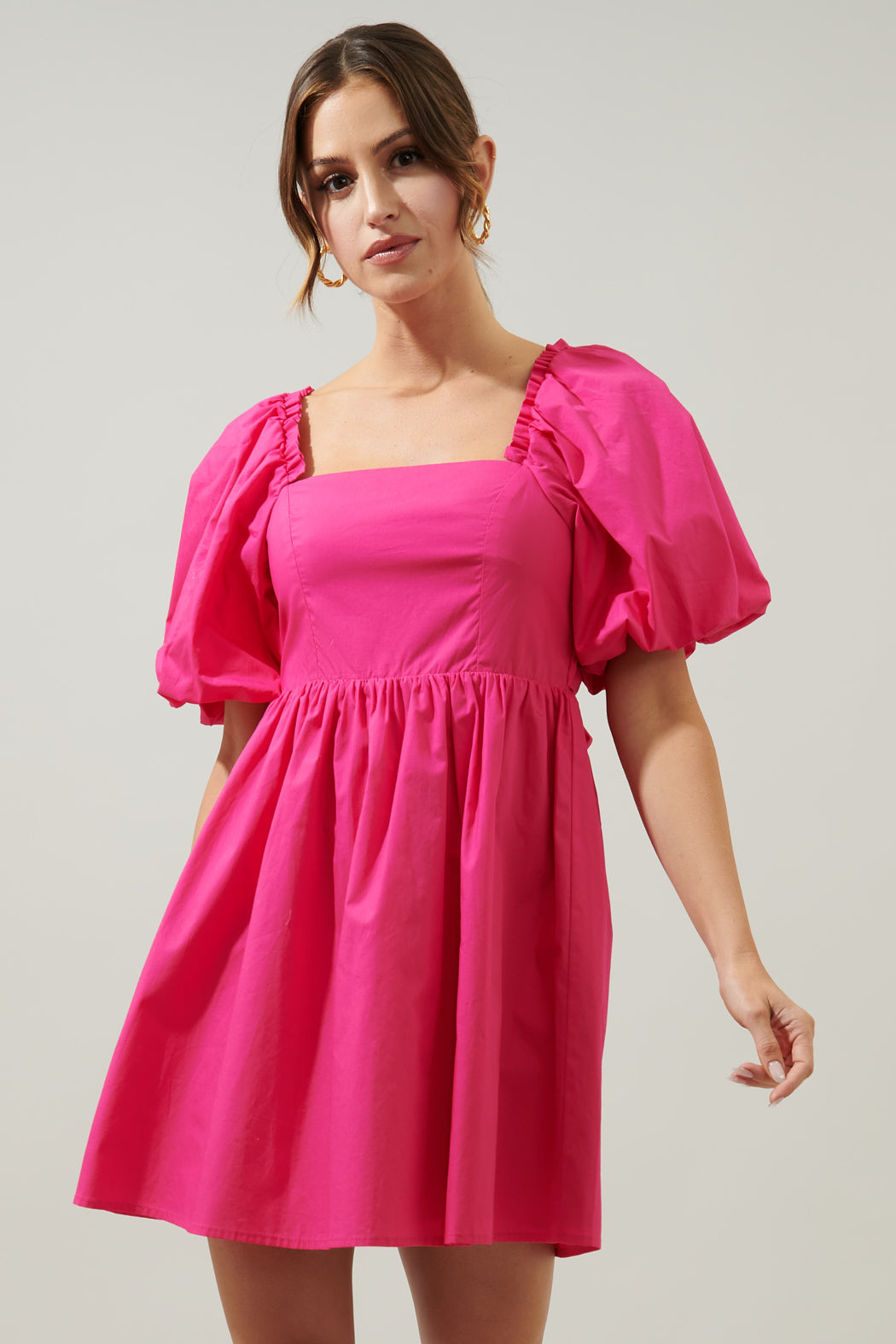 Marion Oversized Puff Sleeve Babydoll Mini Dress FUCHSIA / XS by Sugarlips Marion Oversized Puff Sleeve Babydoll Mini Dress FUCHSIA / XS by Sugarlips