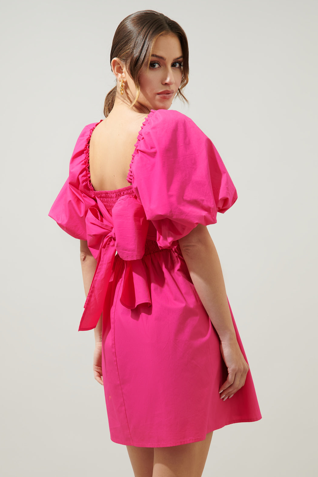 Marion Oversized Puff Sleeve Babydoll Mini Dress FUCHSIA / XS by Sugarlips Marion Oversized Puff Sleeve Babydoll Mini Dress FUCHSIA / XS by Sugarlips