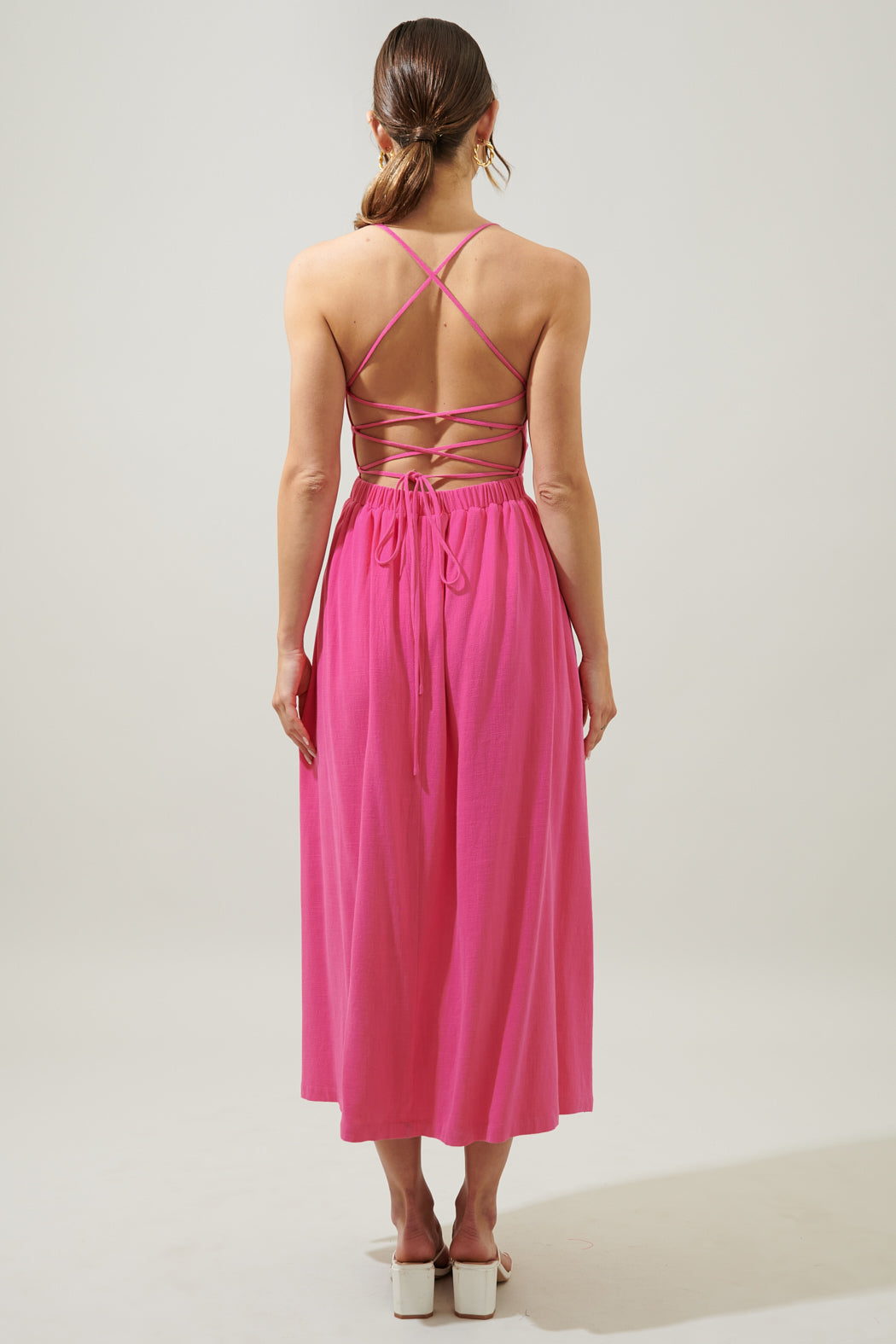 Aisha Open Back Lace Up Midi Dress Fuchsia / Xs by Sugarlips Aisha Open Back Lace Up Midi Dress Fuchsia / Xs by Sugarlips