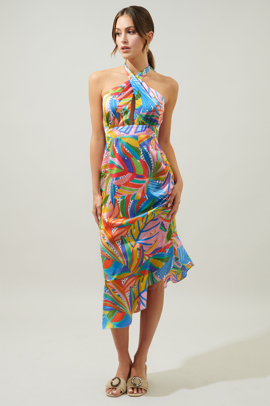New Guinea Asymmetrical Ruched Midi Halter Dress New Guinea Asymmetrical Ruched Midi Halter Dress