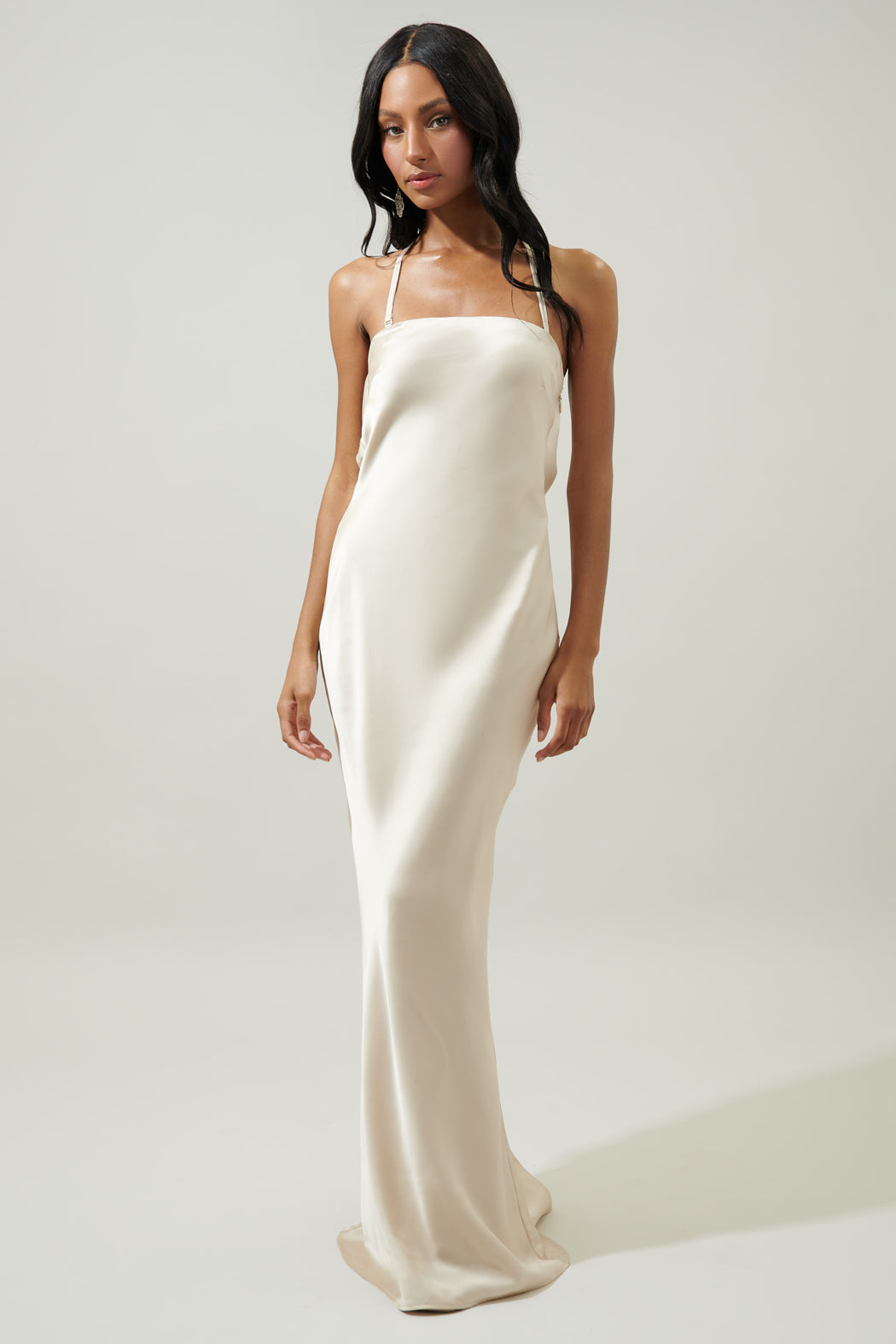Gorgeous Beige Silk Satin Dress White Open Back Slip Dress Silk