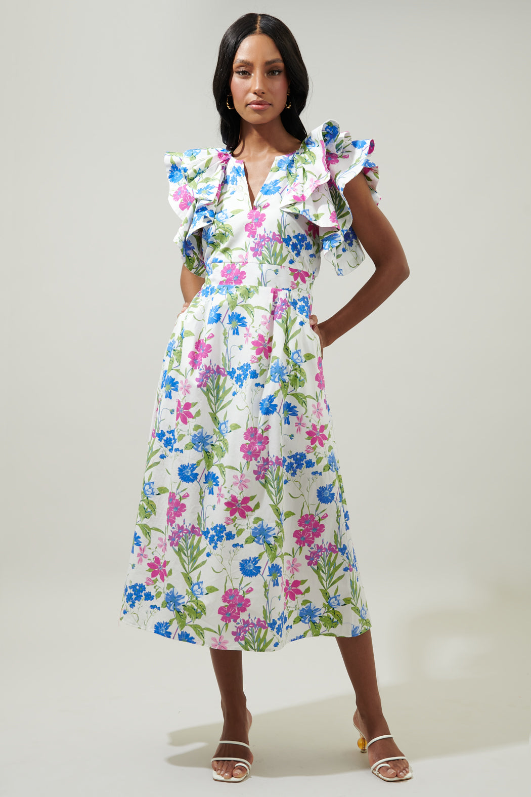 in Bloom Floral Santana Ruffle Sleeve Tie Back Midi Dress GREEN-BLUE-FUCHSIA / Xs by Sugarlips in Bloom Floral Santana Ruffle Sleeve Tie Back Midi Dress GREEN-BLUE-FUCHSIA / Xs by Sugarlips