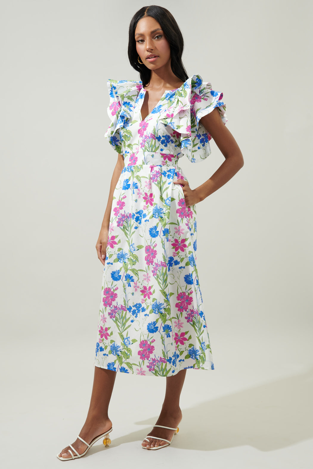 In Bloom Floral Santana Ruffle Sleeve Tie Back Midi Dress