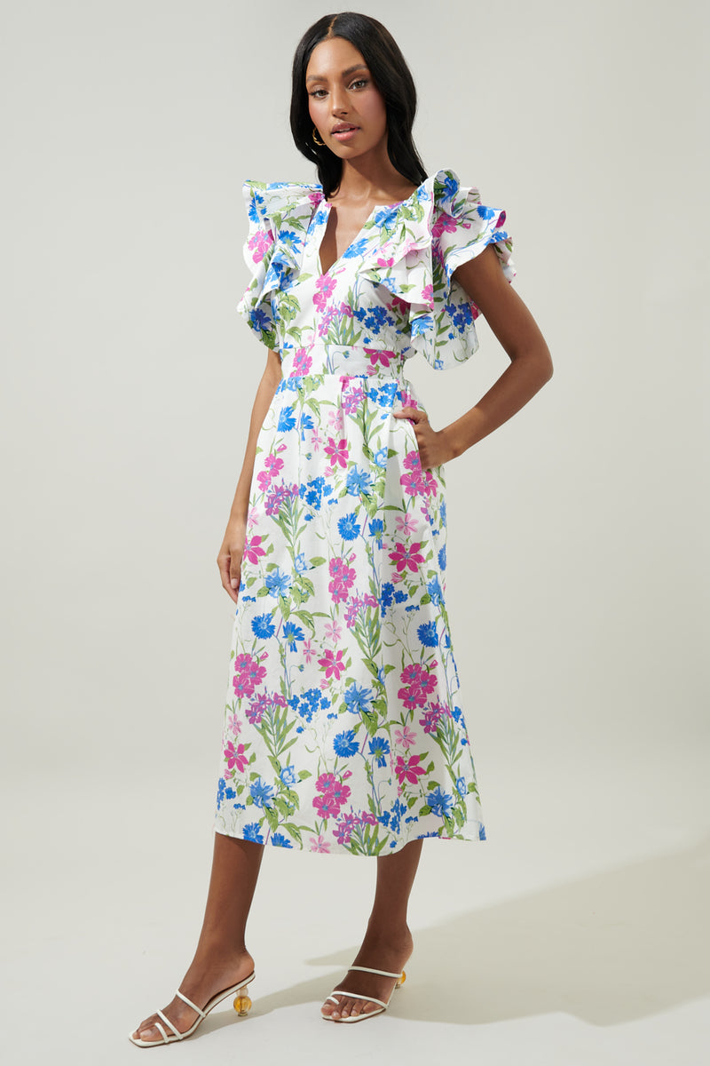 In Bloom Floral Santana Ruffle Sleeve Tie Back Midi Dress – Sugarlips