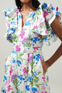 In Bloom Floral Santana Ruffle Sleeve Tie Back Midi Dress