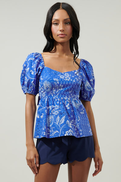 トップス acka peplum loose sweat Amaya Mixed Print Cirus Back Tie Peplum Top – Sugarlips