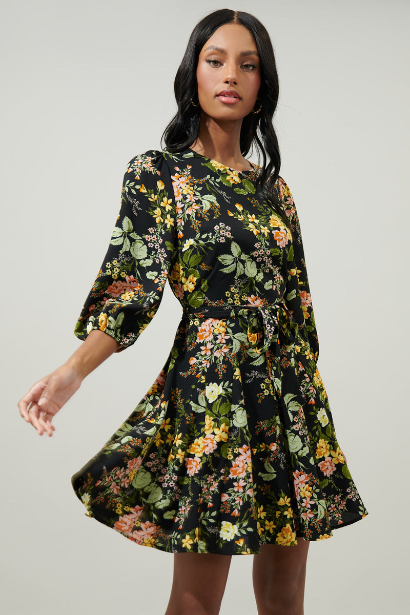 Night Bloom Floral Collins Godet Mini Dress – Sugarlips