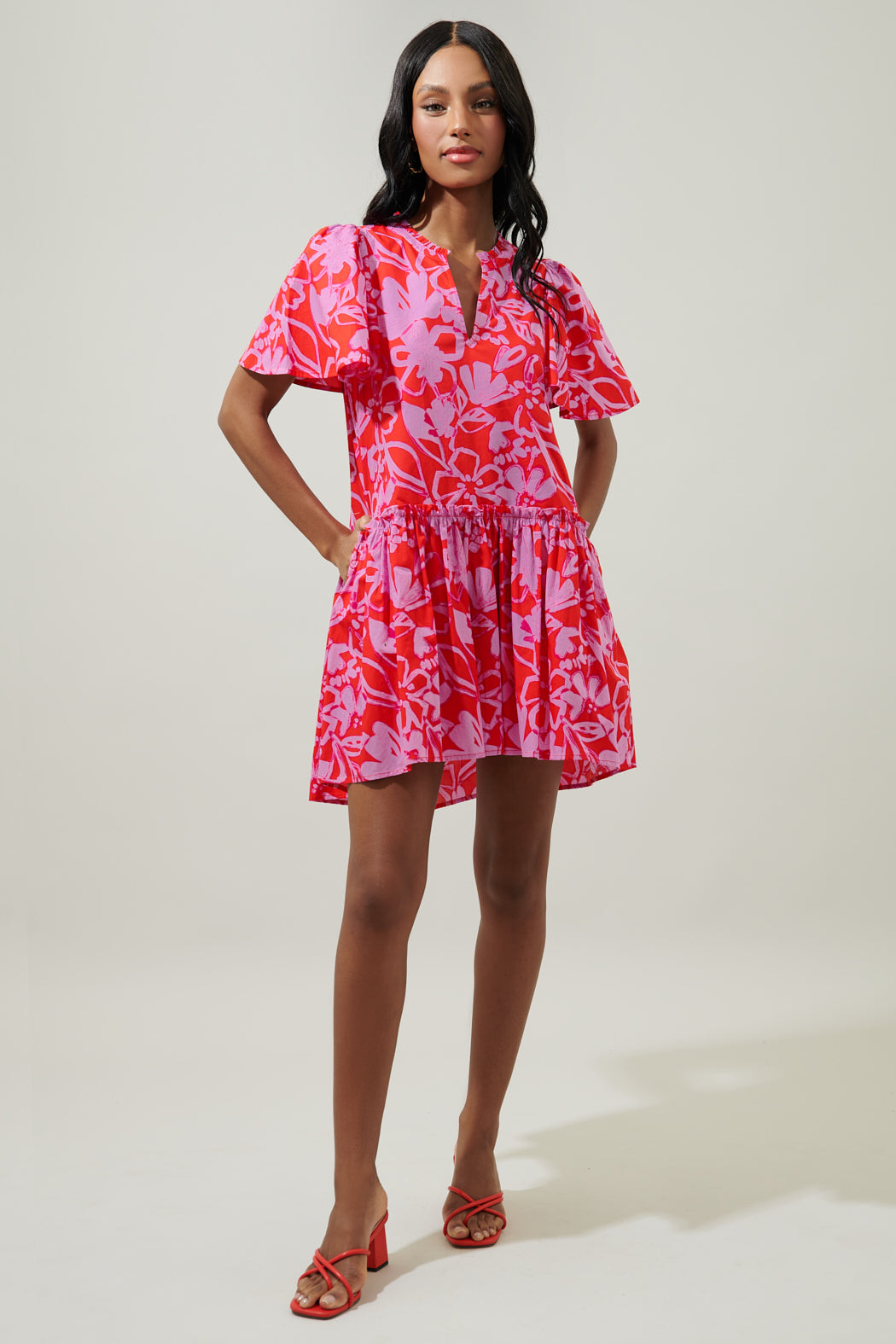 Marida Garnet Floral Rock A By Trapeze Mini Dress PINK-RED / S