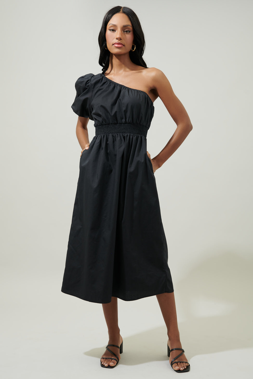 Bridgette One Shoulder Balloon Sleeve Poplin Midi Dress Sugarlips Bridgette One Shoulder Balloon Sleeve Poplin Midi Dress Sugarlips