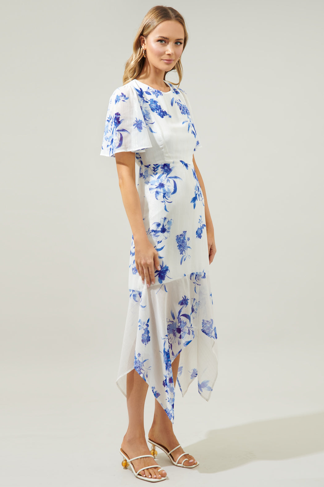 flutter sleeve asymmetrical floral maxi dress Pink Tropical Floral Flutter Sleeve Maxi Dress - All Dresses