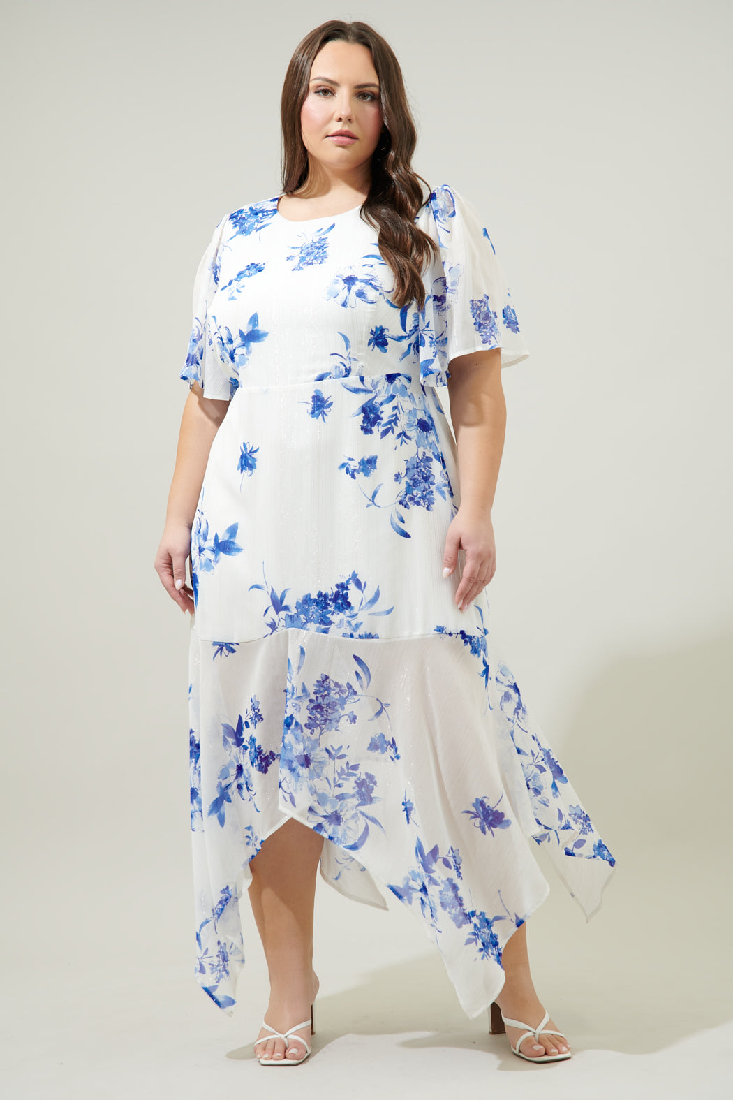 Mariposa Floral Aerin Asymmetrical Flutter Midi Dress Curve WHT-BLUE / 3X by Sugarlips Mariposa Floral Aerin Asymmetrical Flutter Midi Dress Curve WHT-BLUE / 3X by Sugarlips