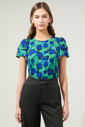 Women’s V-Neck Rayon Dress with Smocked Bodice and Ruffle Sleeves in Loulu Palm Leaf – PK Original Print
