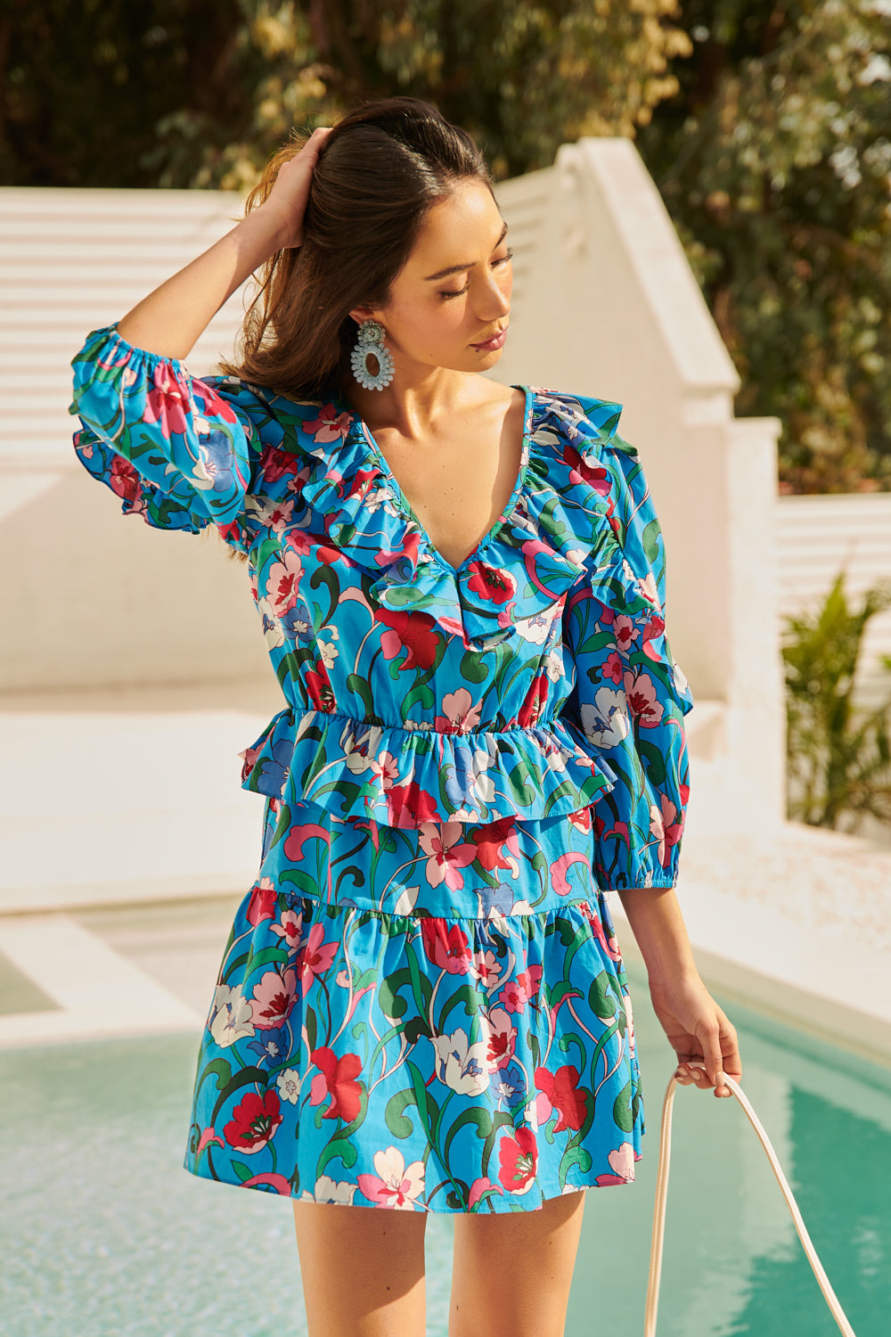Lucera Ruffle V Neck Kitt Mini Dress BLUE-MULTI / M by Sugarlips Lucera Ruffle V Neck Kitt Mini Dress BLUE-MULTI / M by Sugarlips
