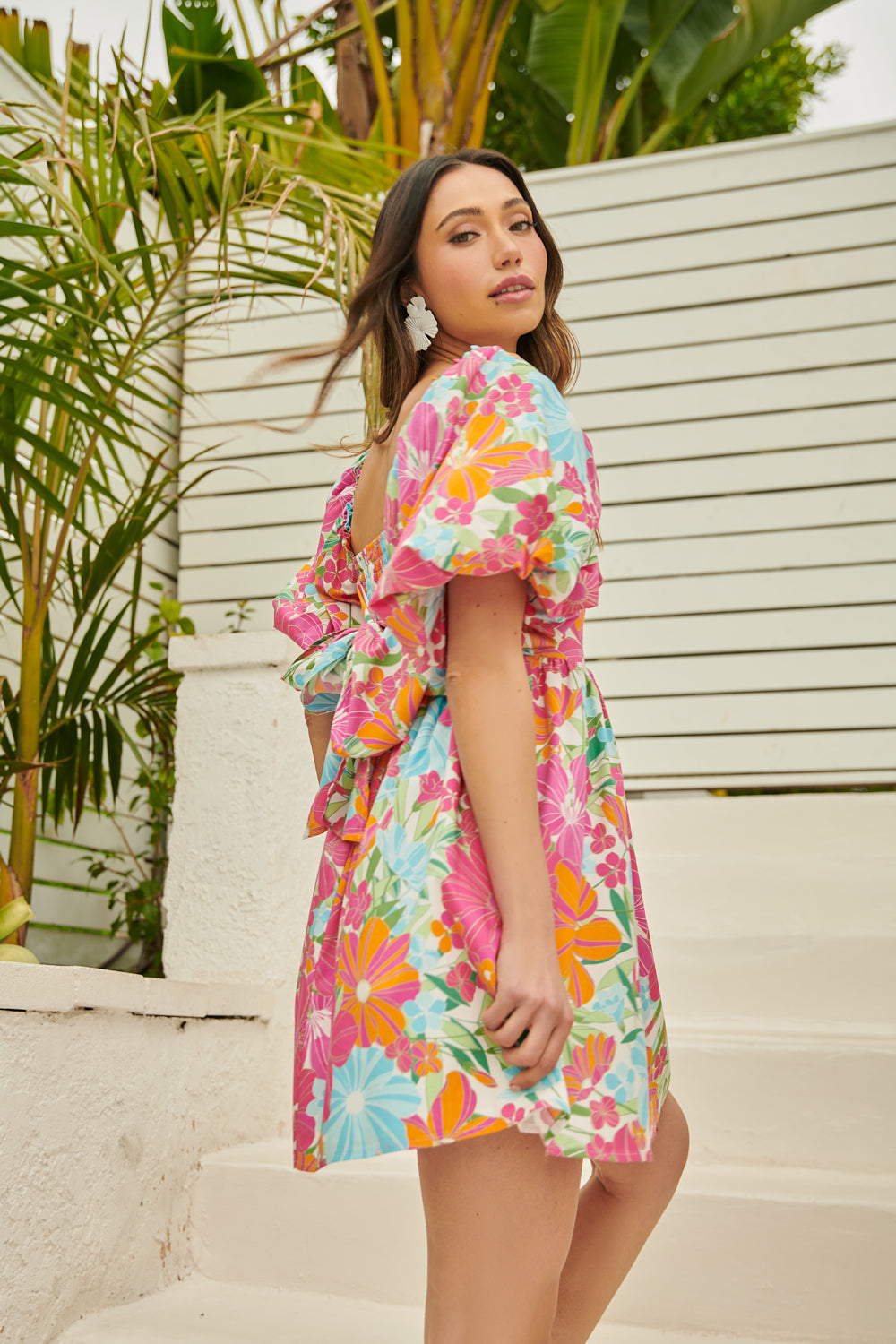 Tropical Twist Marion Puff Sleeve Babydoll Mini Dress WHITE-PINK / S by Sugarlips Tropical Twist Marion Puff Sleeve Babydoll Mini Dress WHITE-PINK / S by Sugarlips