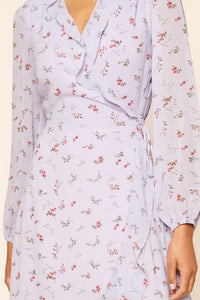 Love Bird Lavender Floral Print Midi Wrap Dress