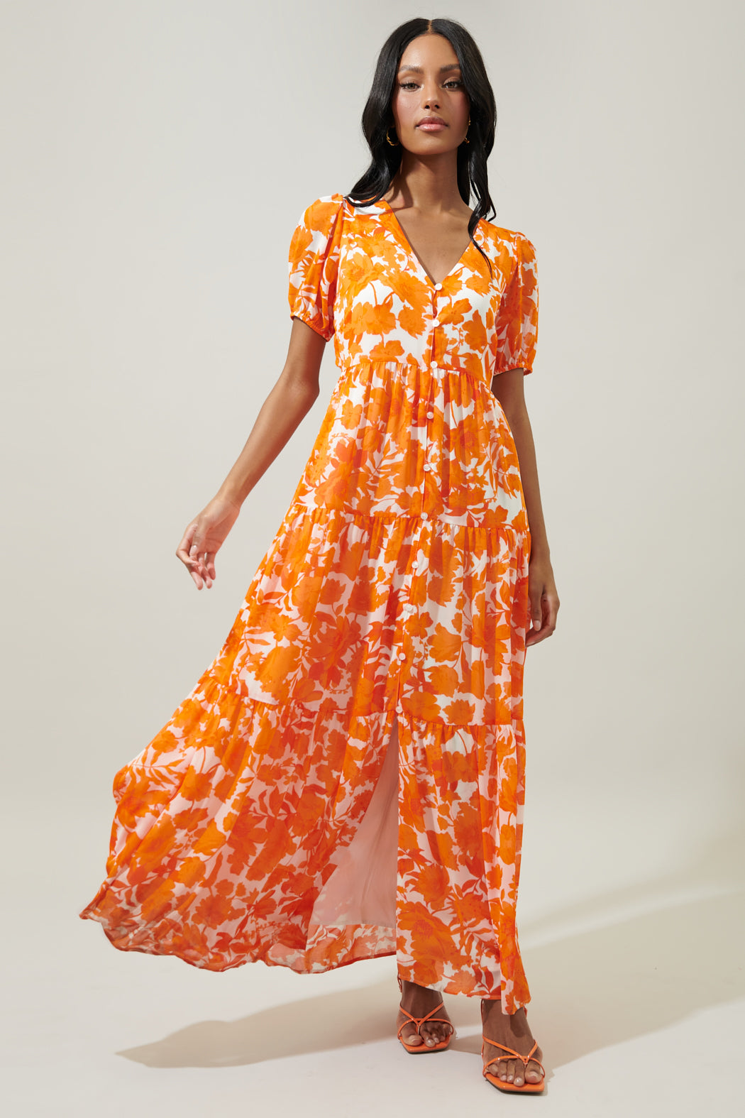 Tangelo Floral Monaco Tiered Maxi Dress ORANGE-WHITE / S by Sugarlips Tangelo Floral Monaco Tiered Maxi Dress ORANGE-WHITE / S by Sugarlips