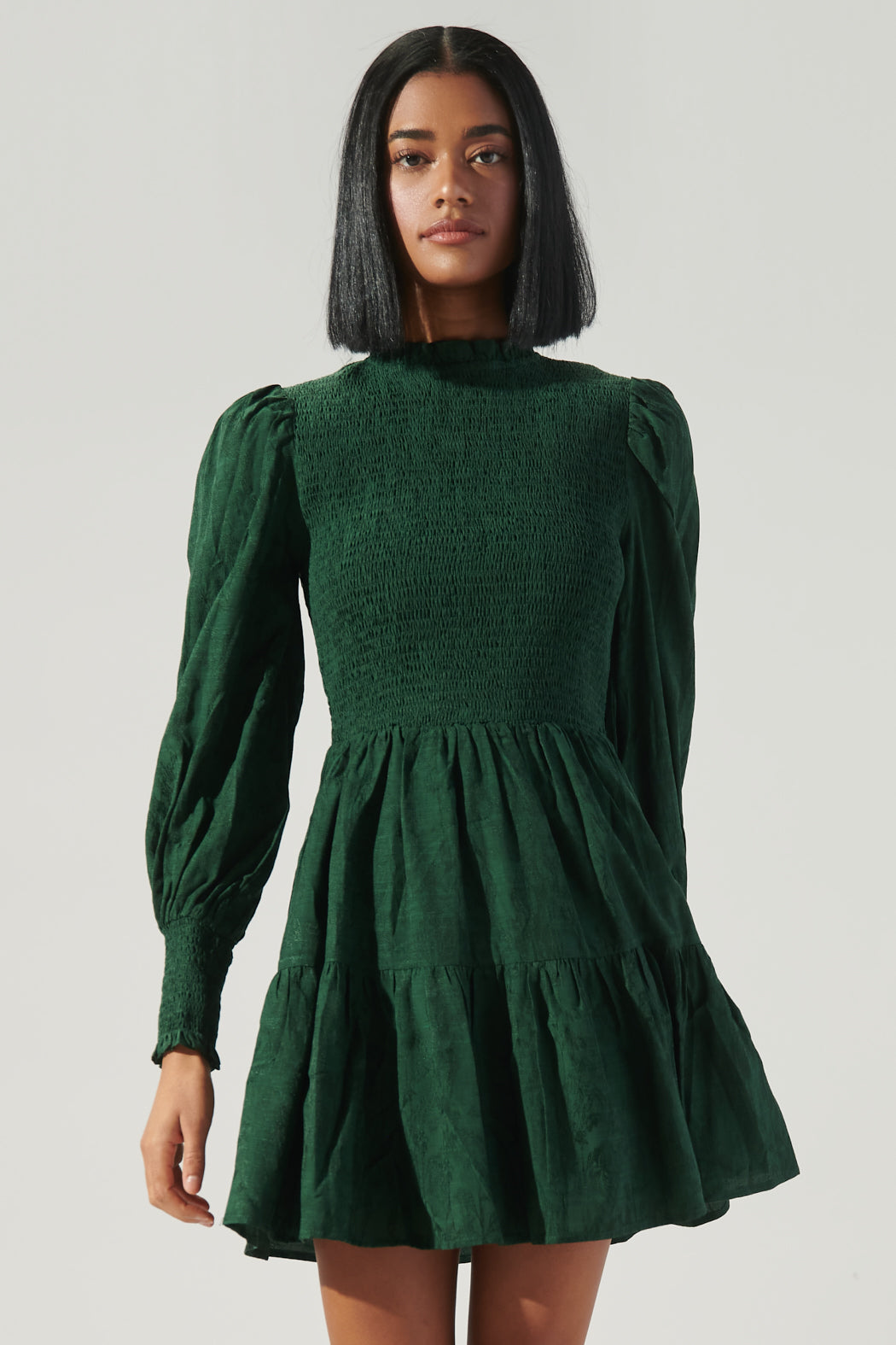 Elizabeth High Neck Smocked Mini Dress EMERALD / S by Sugarlips Elizabeth High Neck Smocked Mini Dress EMERALD / S by Sugarlips