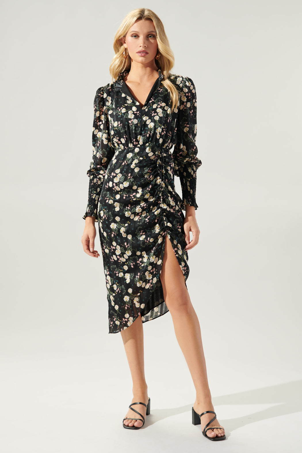 Lyanna Floral Ruched Midi Dress – Sugarlips