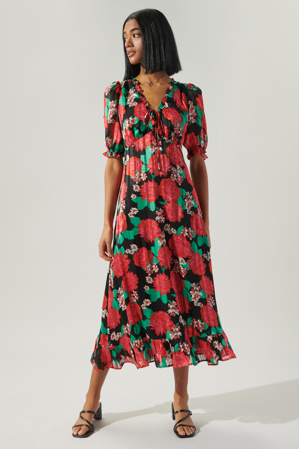 rosabella midi dress Rosabella Midi Puff Sleeve V Neck Dress