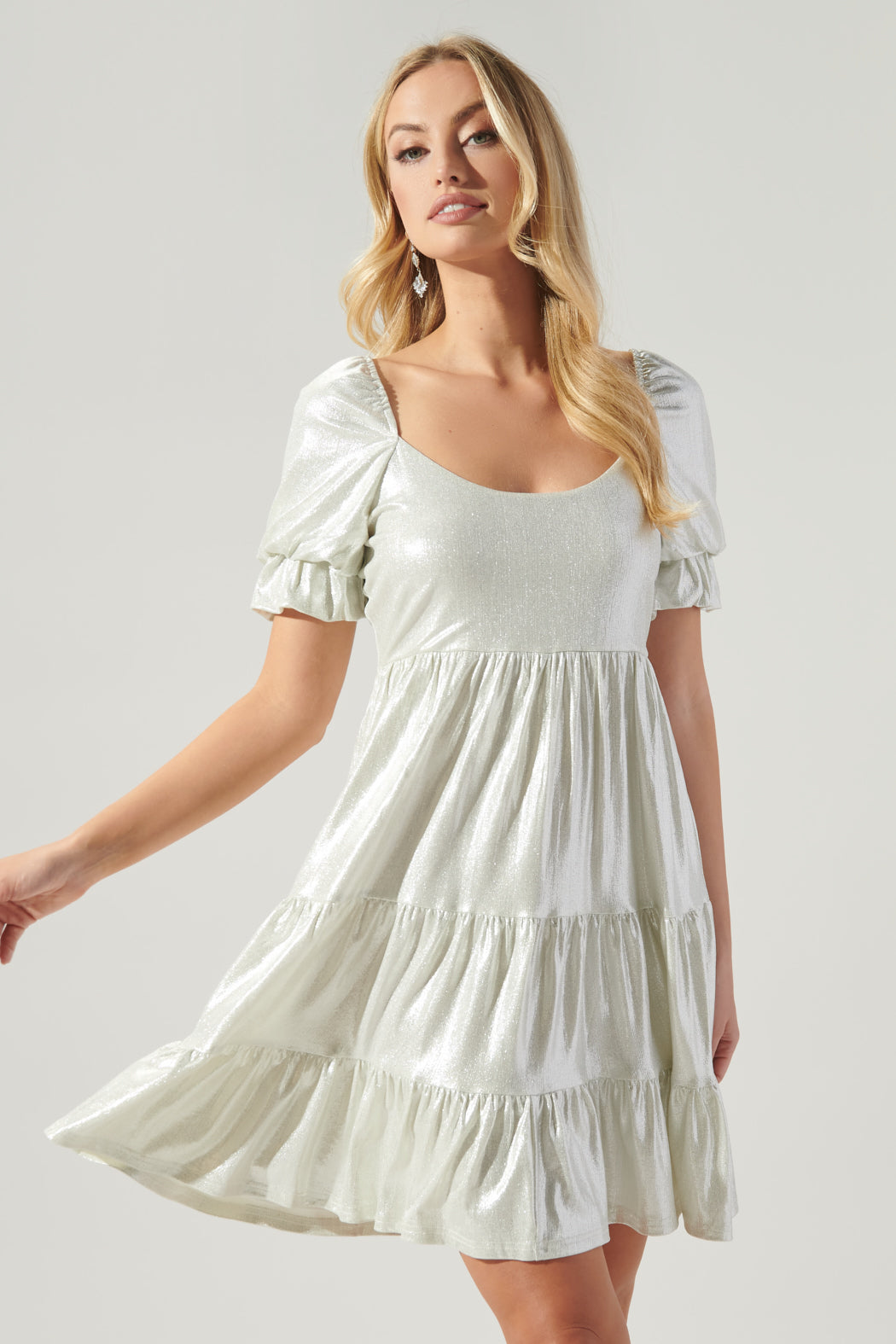 Moonshine Foil Rib Knit Tiered Mini Dress Moonshine Foil Rib Knit Tiered Mini Dress