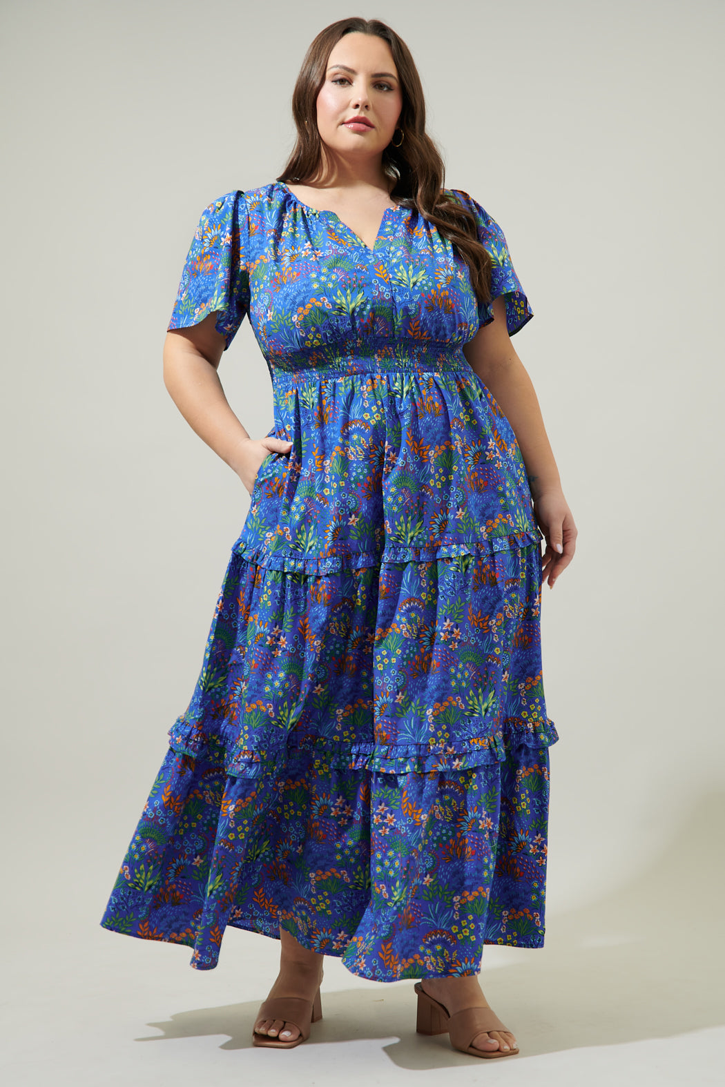 casual plus size floral maxi dress RITERA Plus Size Dress for Curvy Women Short Sleeve Button Up Floral Collared Beach A Line Flowy Casual Summer Blue Red Elegant Tiered Cocktail Wedding Guest Boho Maxi Dresses with Pockets XL