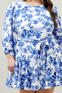 Antoinette Blue Floral Collins Godet Mini Dress Curve