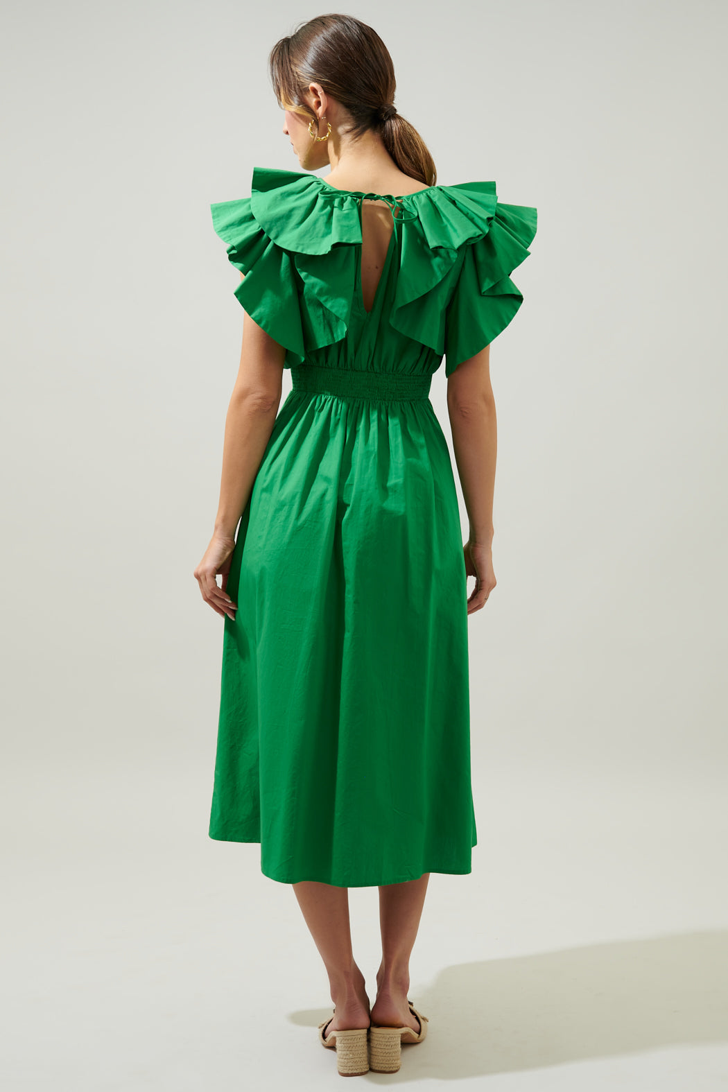 Santana Ruffle Sleeve Tie Back Midi Dress KELLY-GREEN / S by Sugarlips Santana Ruffle Sleeve Tie Back Midi Dress KELLY-GREEN / S by Sugarlips