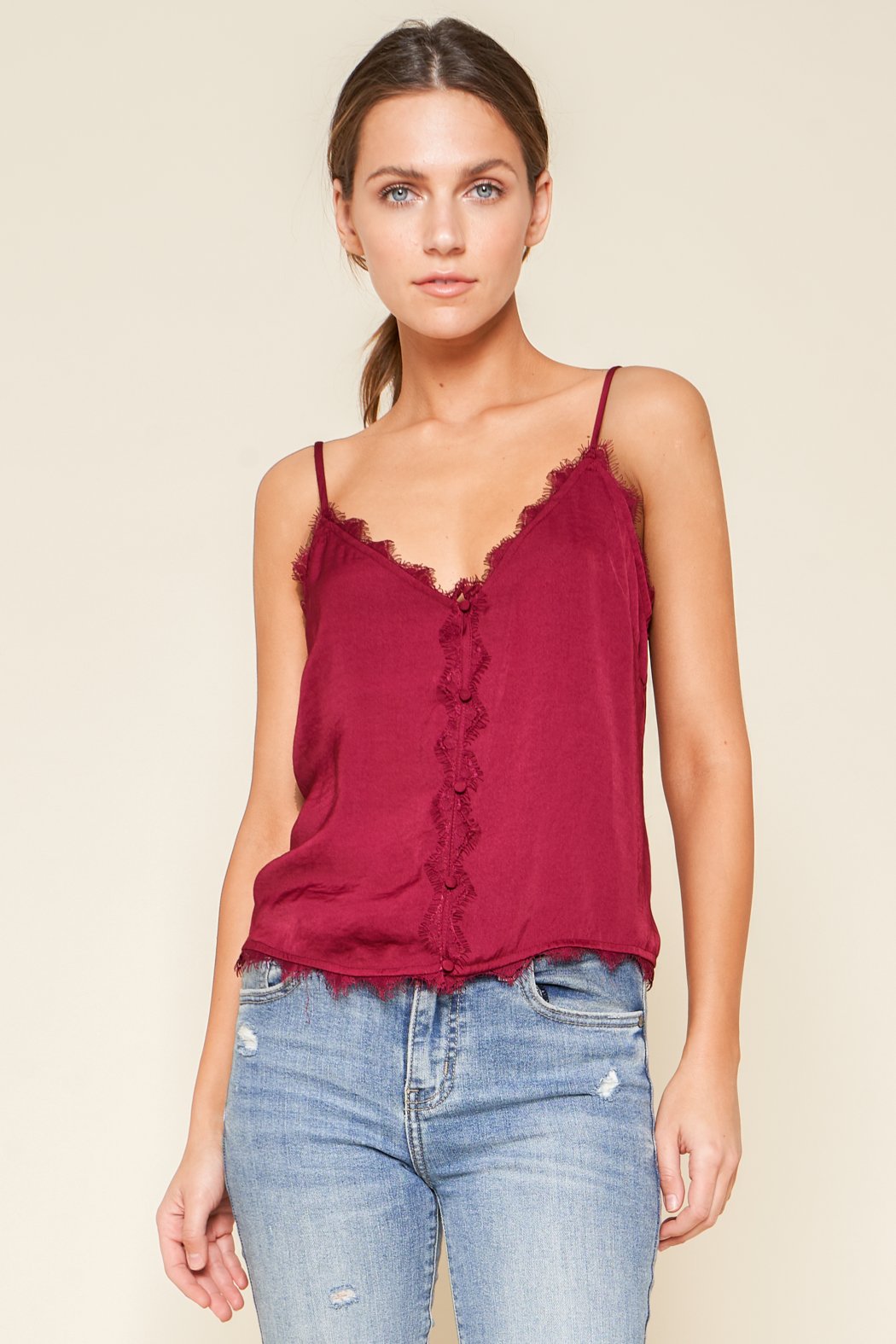 Review Burgundy Lace Trimmed Camisole Top Size 8 – SwapUp
