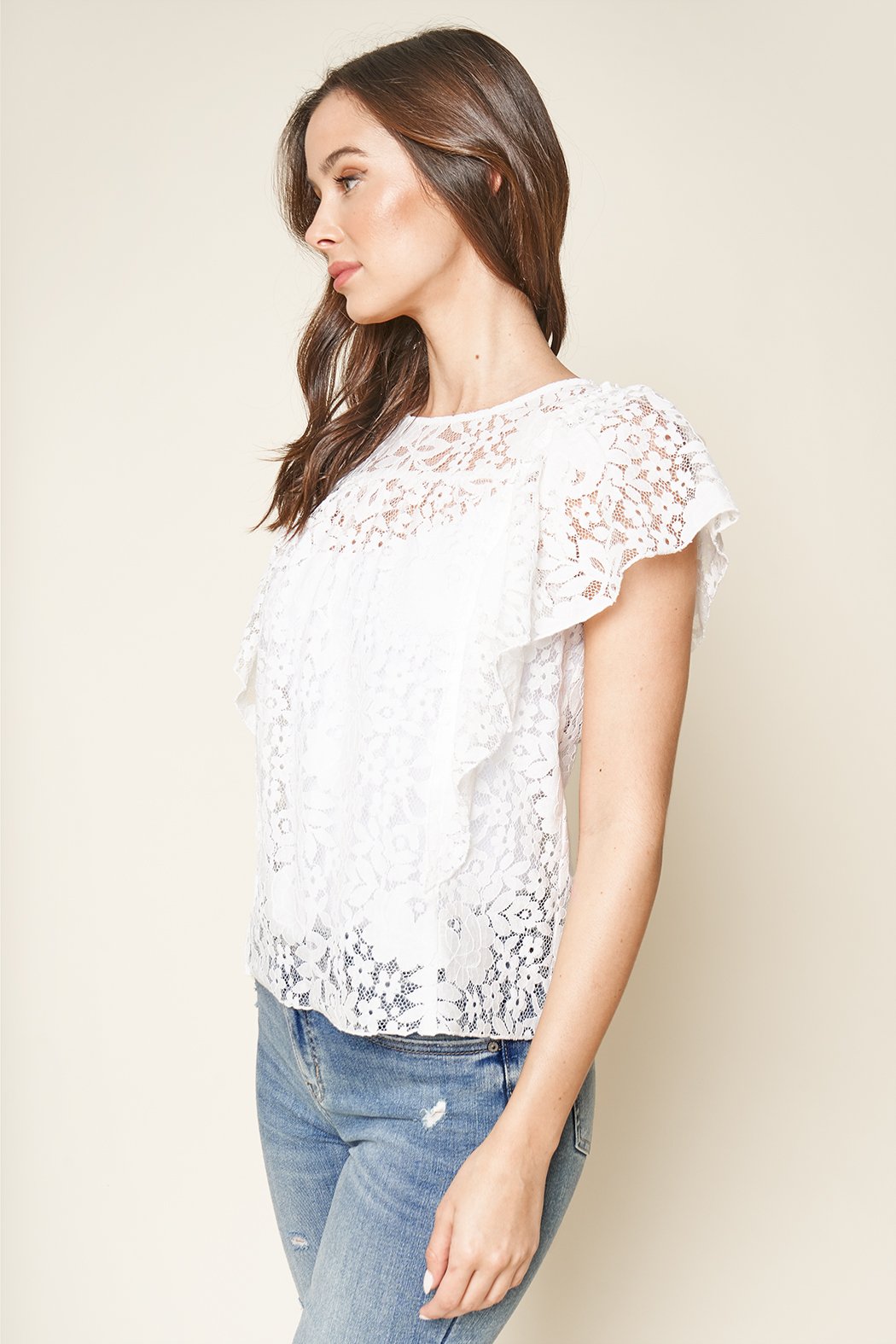 Totally Tempting Ivory Sheer Lace Short Sleeve Top
