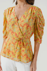 Giana Floral Surplice Ruched Sleeve Blouse