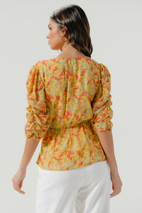 Giana Floral Surplice Ruched Sleeve Blouse