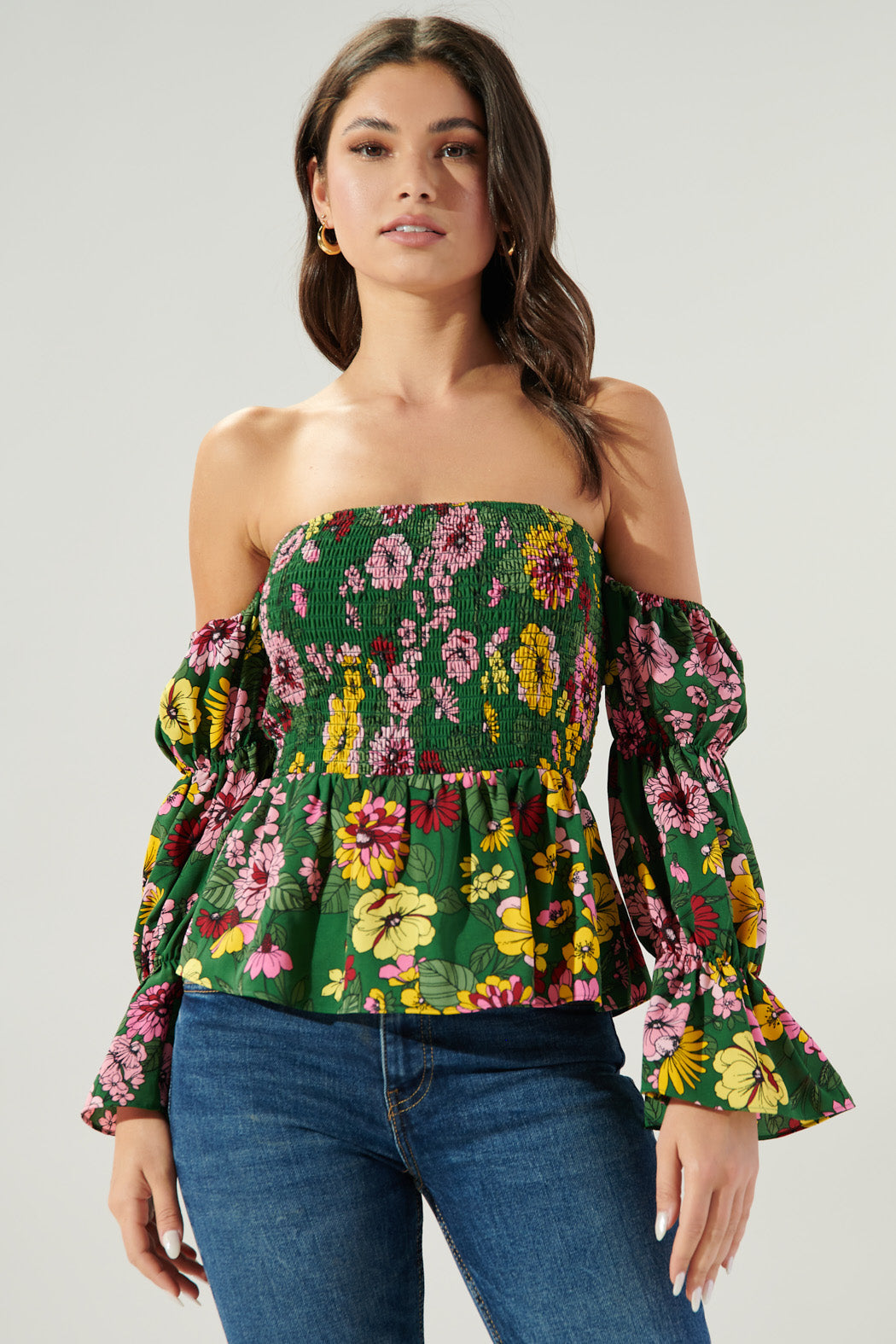 Everly Floral Off the Shoulder Smocked Peplum Top – Sugarlips